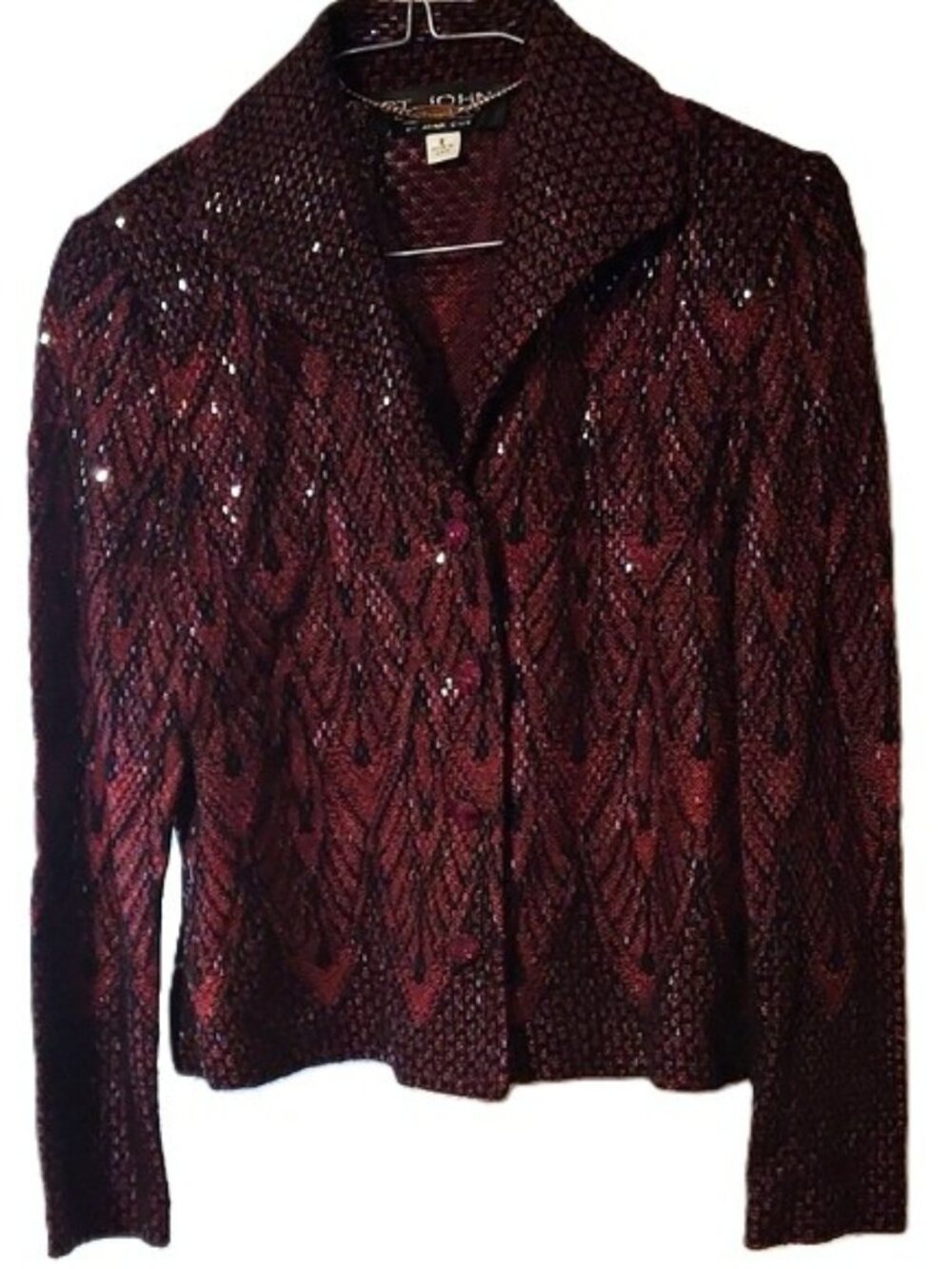 St. John Couture Marie Grey Vintage Red Black Beaded Buttoned Knit Jacket Sz 2
